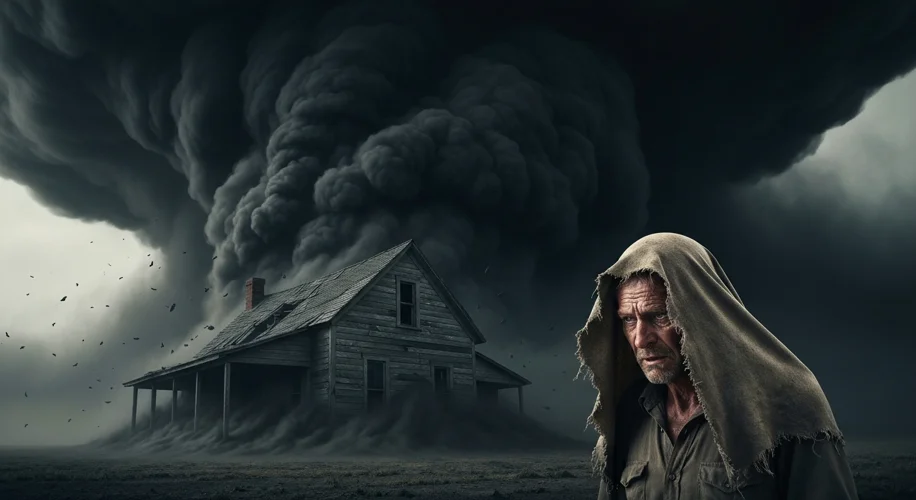 A towering black blizzard engulfs a small farmhouse on the Great Plains during the 1930s. Dust obscu