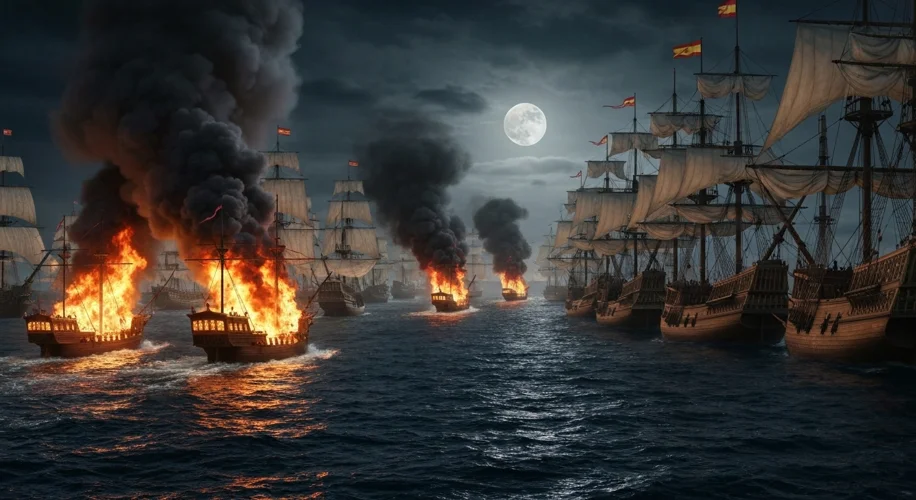 Eight burning fire ships sailing towards a densely packed fleet of Spanish galleons anchored at nigh