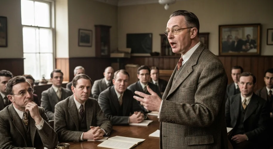 G. D. H. Cole, a man in his late 40s with spectacles and a tweed jacket, animatedly addressing a gro