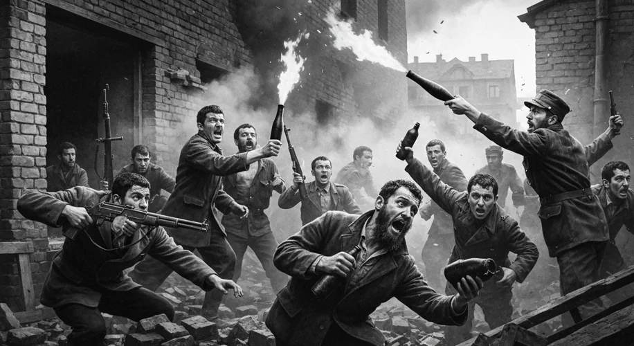 A gritty, black and white image depicting the Warsaw Ghetto Uprising. Show determined Jewish fighter