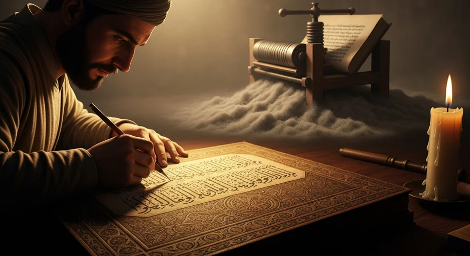 An ornate Ottoman-era manuscript being painstakingly copied by a scribe by candlelight, while in the