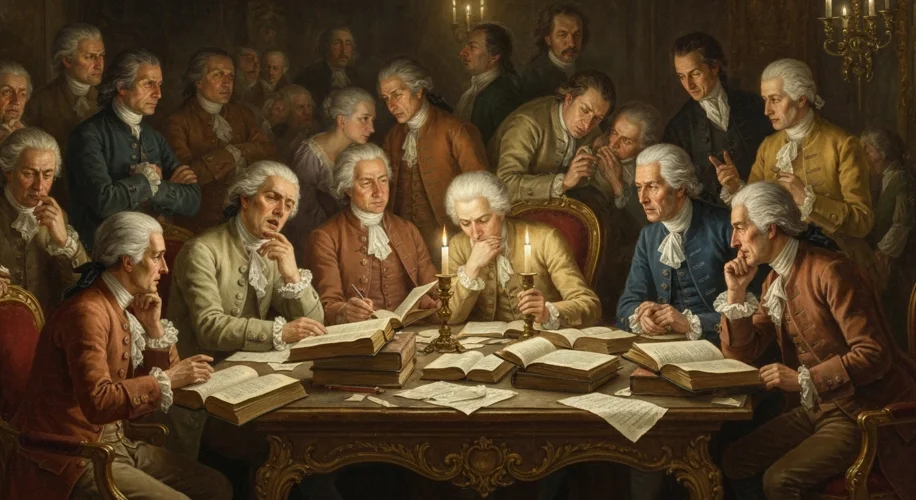 An 18th-century European salon buzzing with intellectual discourse. Philosophers and writers, dresse