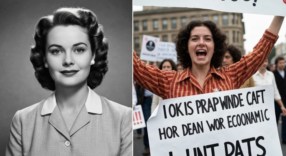 A split image: one side shows a 1950s idealized housewife smiling, the other side shows a woman in t