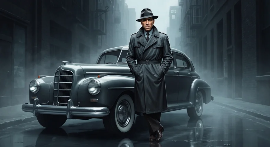 A stylized illustration of Humphrey Bogart as Sam Spade, wearing a classic trench coat and fedora, l