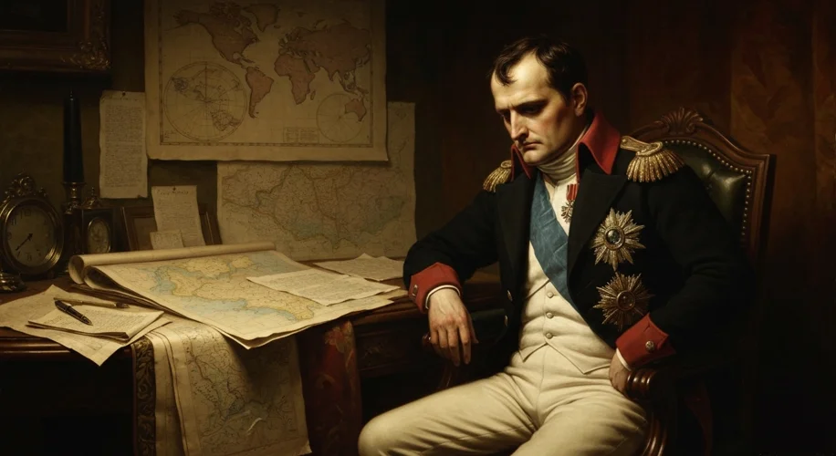 A dramatic oil painting depicting Napoleon Bonaparte in his study, looking pensive, with maps and do