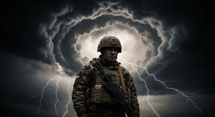 A symbolic image depicting a lone Ukrainian soldier standing firm against a backdrop of a stormy, da