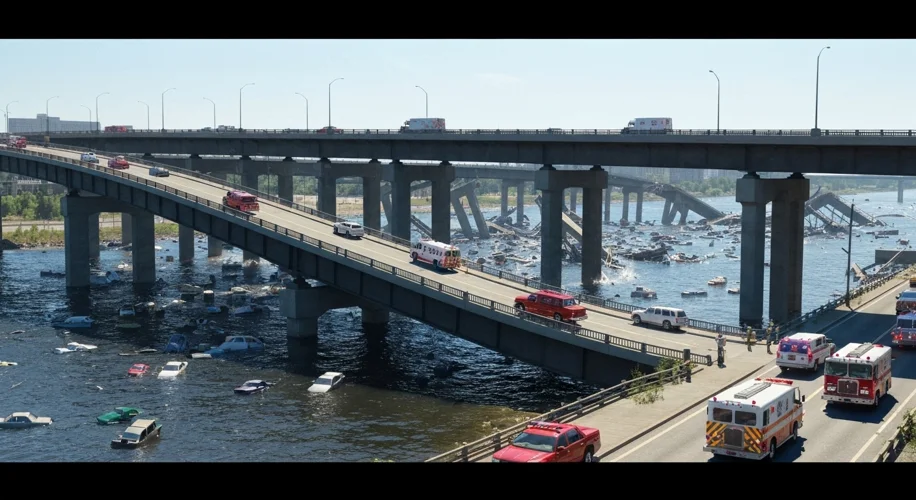 A dramatic scene of the I-35W Mississippi River bridge in Minneapolis partially collapsed into the r