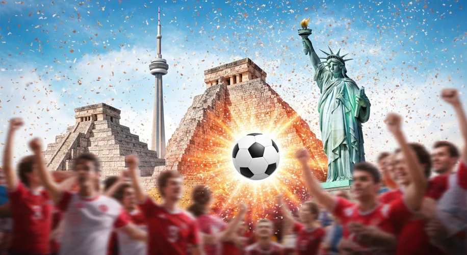 A vibrant collage showcasing iconic landmarks from Canada, Mexico, and the United States (e.g., CN T