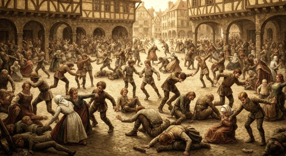 A historical depiction of people dancing uncontrollably in a medieval town square, with some collaps