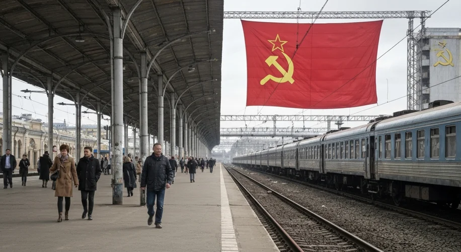 A wide shot of a Soviet-era train station, bustling with people but showing signs of wear and tear. 