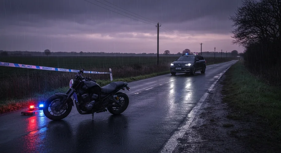 A somber scene on a rural English road at dusk, with police tape and flashing lights around a damage