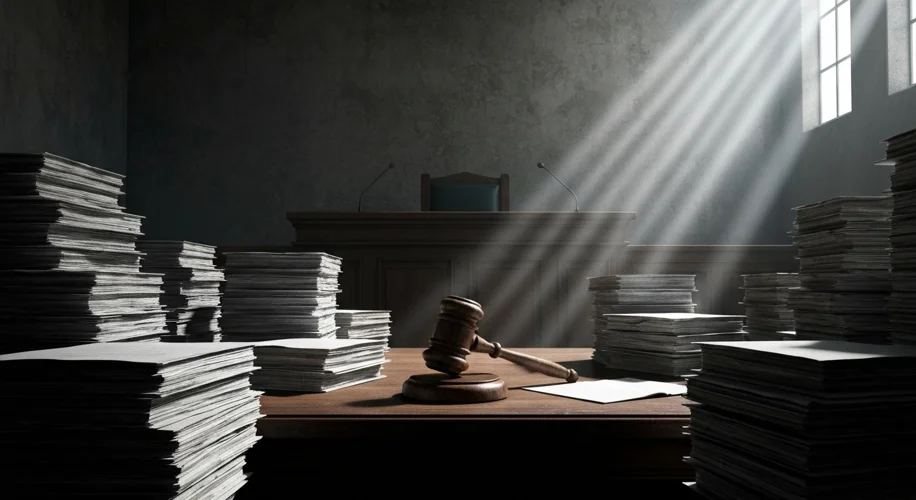 A dimly lit courtroom scene with a gavel resting on a judge's bench, and stacks of sealed legal docu