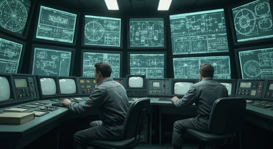 A dimly lit, slightly cluttered Soviet-era control room, with technicians in uniform monitoring scre