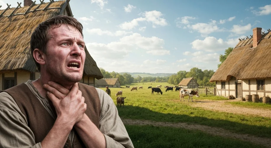 A medieval peasant farmer, his face etched with discomfort and pale, clutches his throat while looki