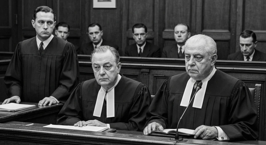 A black and white photograph of a 1950s London courtroom, with solemn judges and a hushed jury, conv