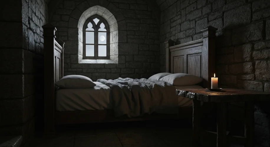 A dimly lit medieval bedroom scene with a couple sleeping in a large bed, with faint moonlight filte