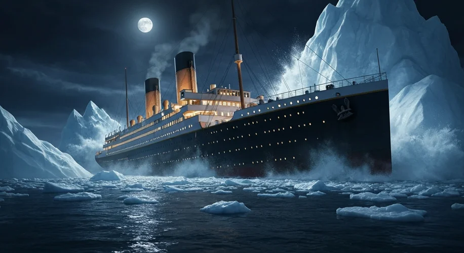 A dramatic, wide-angle view of the RMS Titanic at night, striking an iceberg. Ice chunks are visible