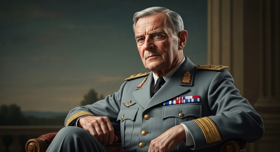 A formal portrait of Charles de Gaulle in his later years, exuding an air of authority and contempla