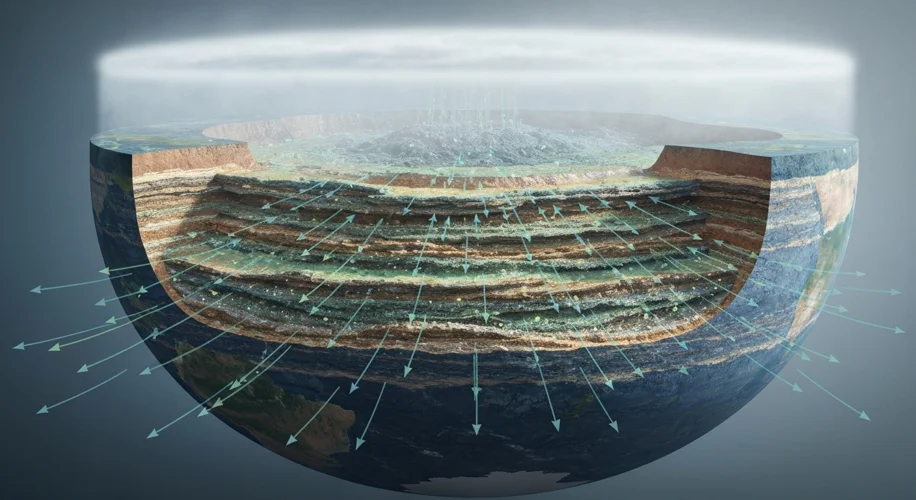 A stylized cross-section of the Earth showing ancient carbon reservoirs deep within the crust, with 