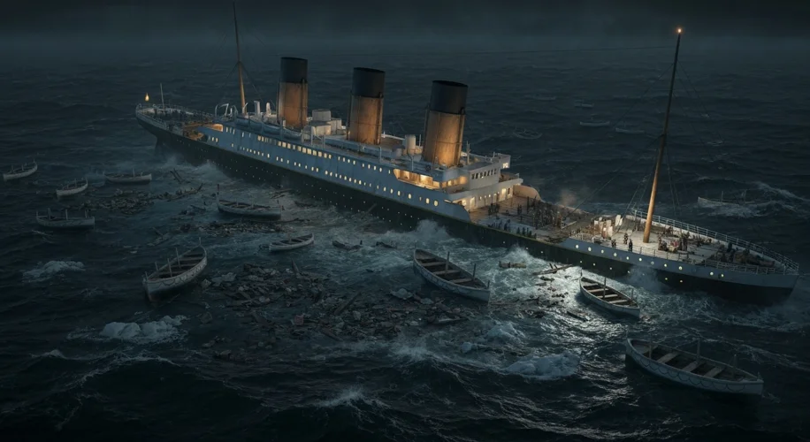 A stark, icy sea at night with the silhouette of the sinking RMS Titanic in the distance, its lights