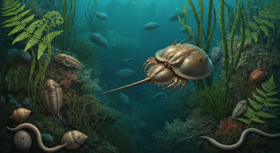 An artist's rendition of a Silurian-era seabed, featuring primitive plant life and a distinct horses