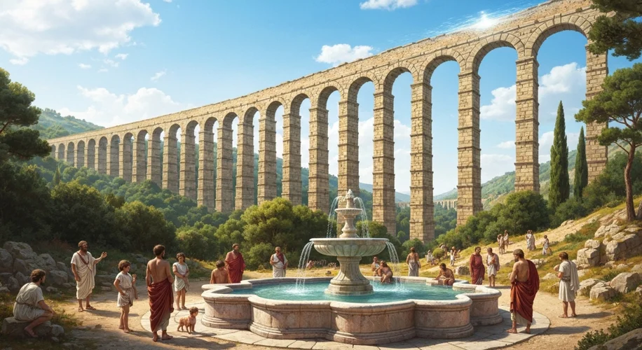 A majestic Roman aqueduct arching over a green valley, with a clear aqueduct channel visible on top.