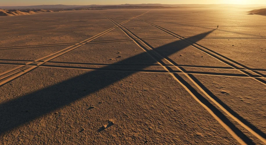 A serene sunset over the Nazca Desert, casting long shadows across the ancient geoglyphs, highlighti