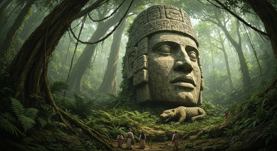 An artistic depiction of a colossal Olmec stone head emerging from a lush jungle setting, with intri