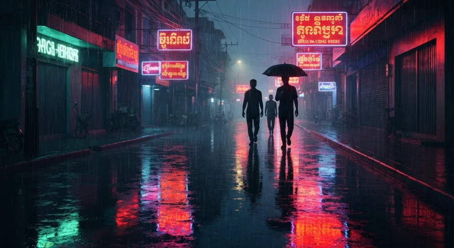 A dimly lit street scene in Phnom Penh at night, with neon signs reflecting on wet pavement and a fe