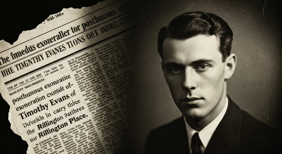 A sepia-toned image of a newspaper headline from the mid-1960s announcing the posthumous exoneration