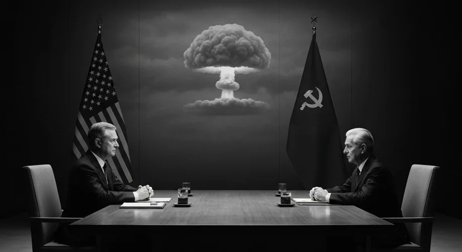 A black and white photograph showing a tense summit between American and Soviet leaders during the C