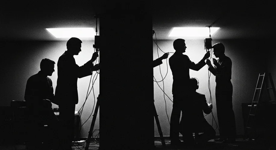 A dimly lit, tense scene inside the Democratic National Committee headquarters at the Watergate comp