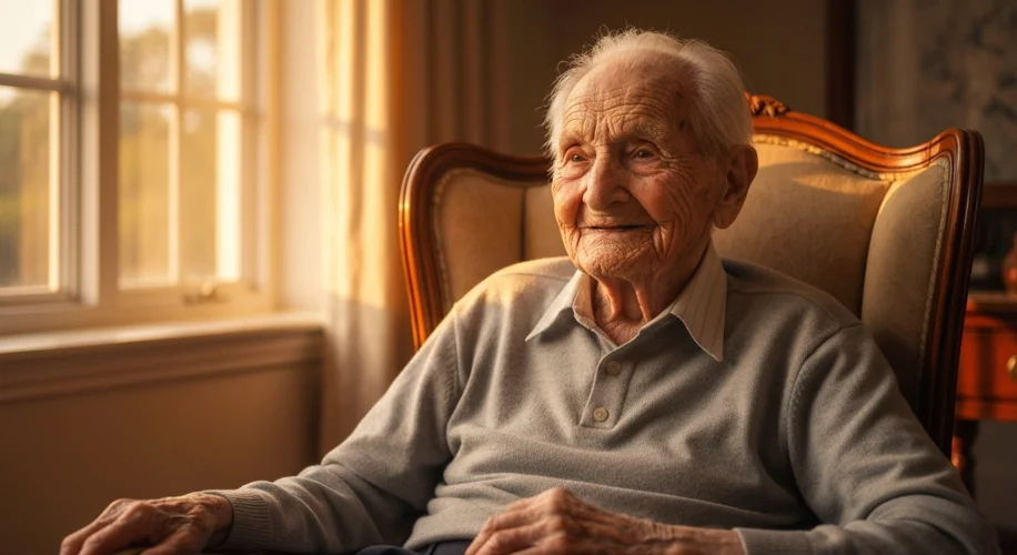 An aged, wise-looking individual with deep wrinkles, a gentle smile, and kind eyes, sitting comforta