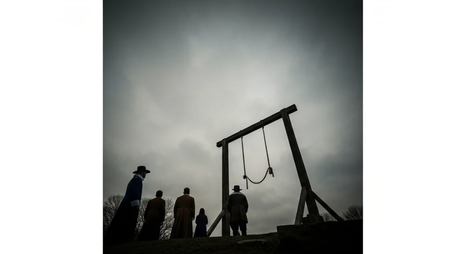 A stark, gallows silhouetted against a gloomy, overcast sky. Below, a few somber figures stand watch