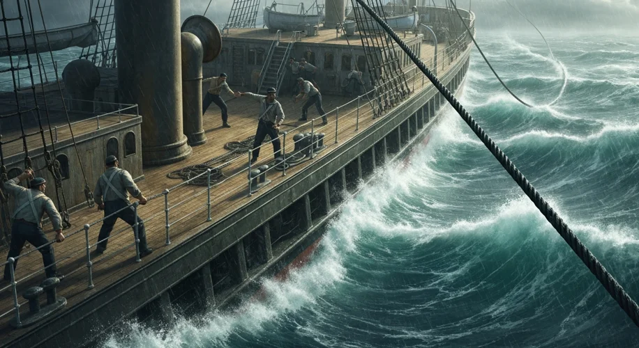 A dramatic scene of a 19th-century steamship laying a thick, dark cable into the stormy Atlantic Oce