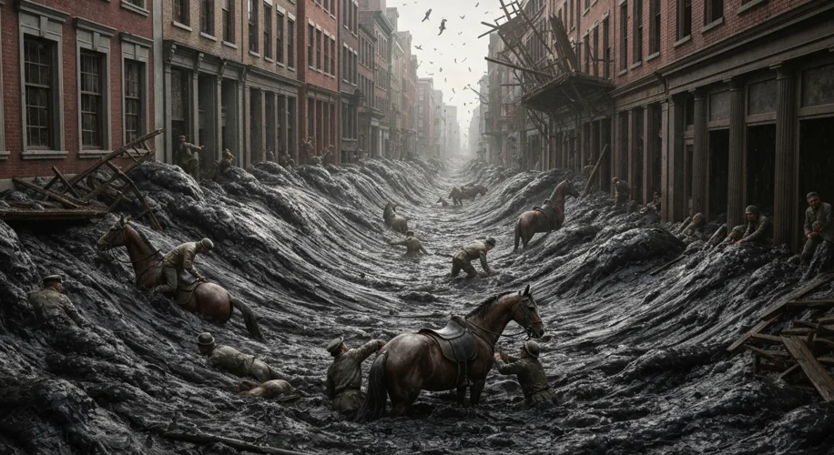 A chaotic scene of a thick, dark wave of molasses engulfing a Boston street, destroying buildings an