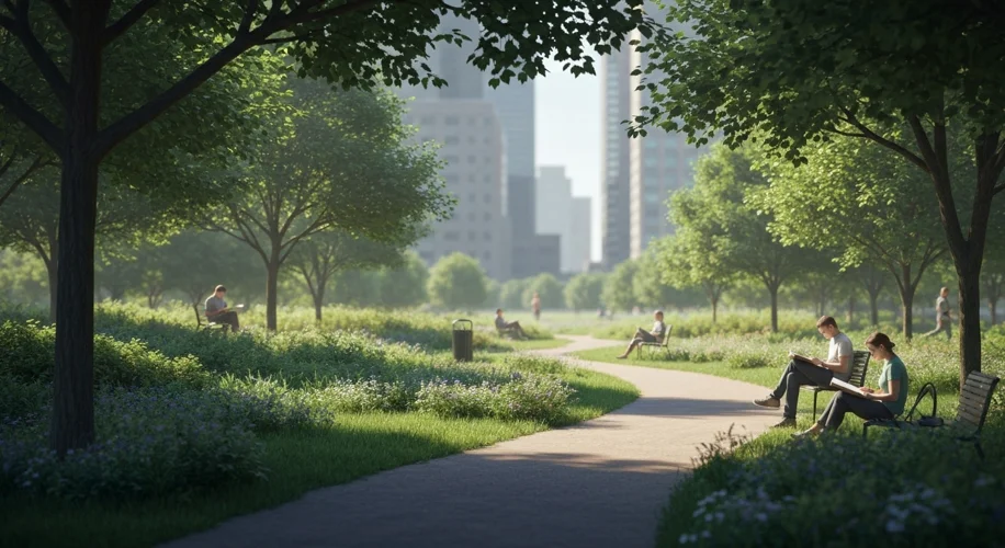 A serene urban park in Minnesota with lush greenery, quiet pathways, and people relaxing, contrastin