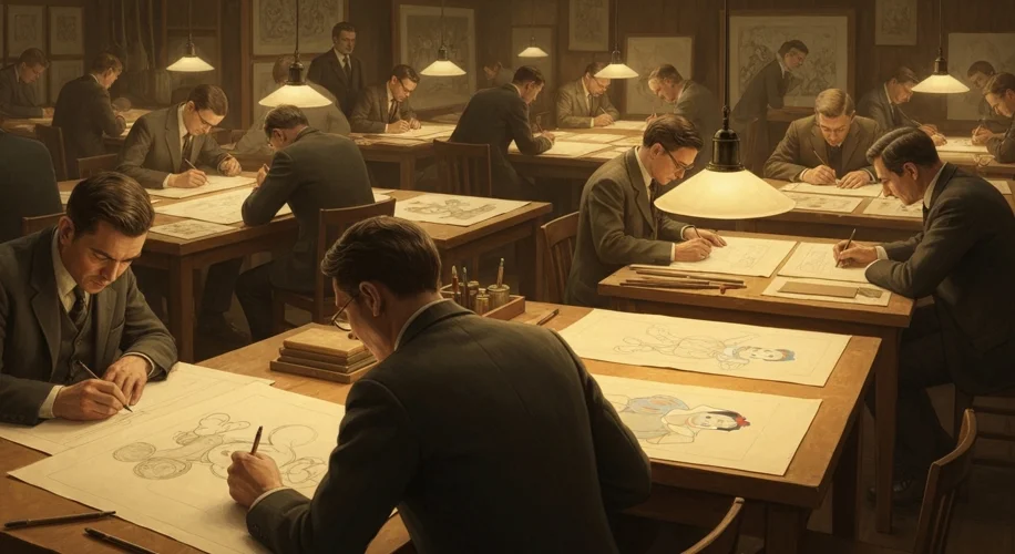 A vintage Walt Disney animation studio scene, with artists sketching characters like Mickey Mouse an