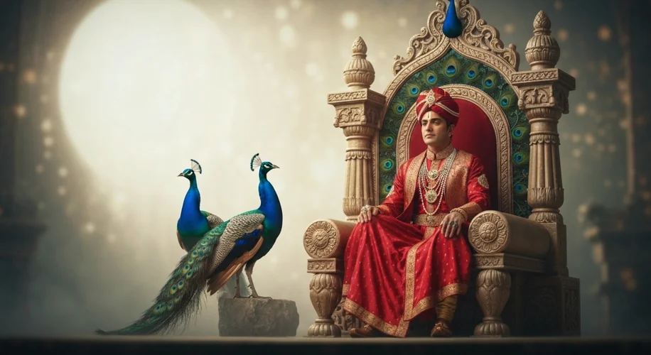 An Indian emperor adorned in rich silks, seated on a throne decorated with peacock motifs, with peac
