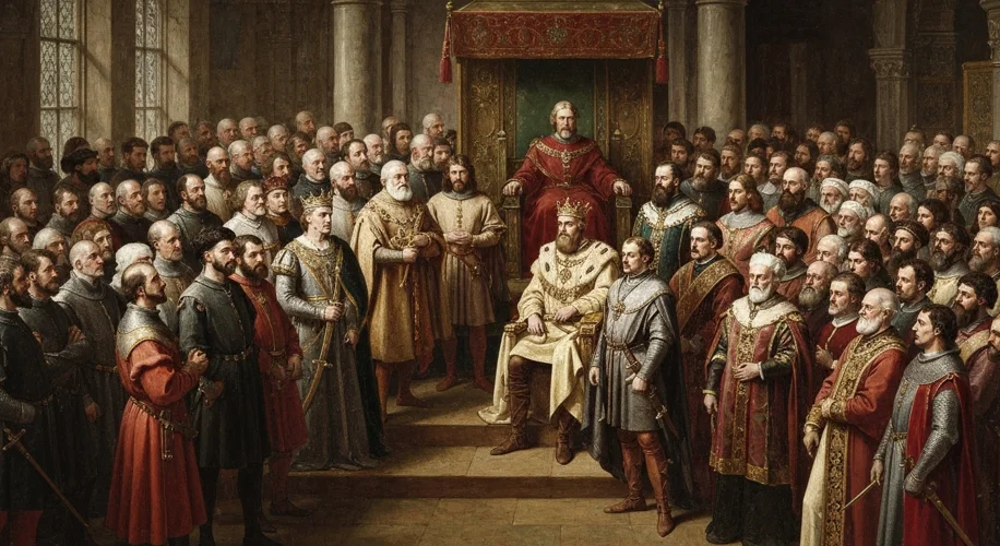 A depiction of the coronation of Robert II of Scotland, emphasizing the absence of the MacDuff Earl 
