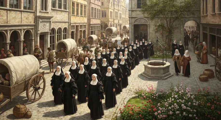 A medieval Flemish city street with Beguine women in their distinctive black and white habits walkin