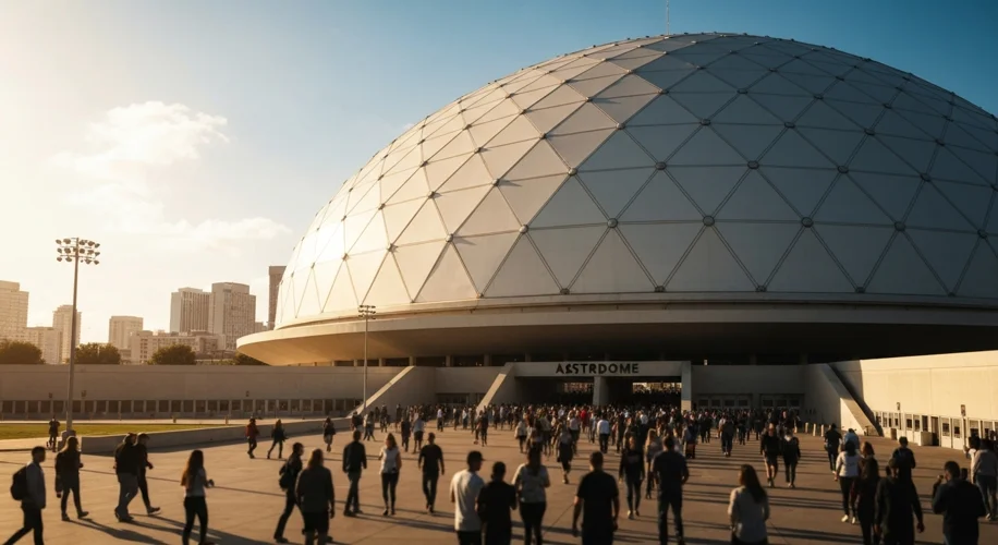 A wide shot of the Houston Astrodome stadium exterior during the day, with its distinctive dome stru