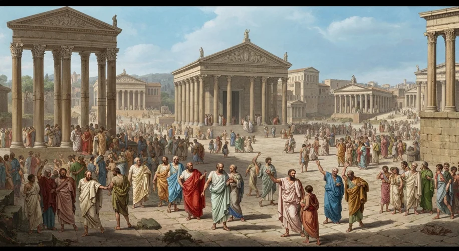 A bustling Roman Forum in the early Republic, with senators in togas debating and common citizens mi