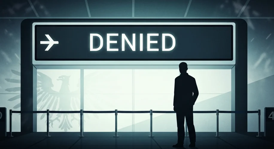 An illustration depicting a modern airport departure gate with a flight information screen showing '