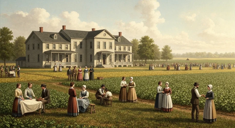 A vintage photograph or engraving of the large, communal Oneida Community Mansion House, surrounded 