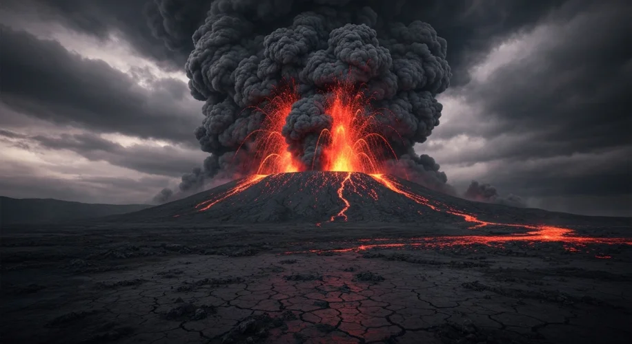 A volcanic eruption spewing ash and lava into the atmosphere, with a desolate, barren landscape belo