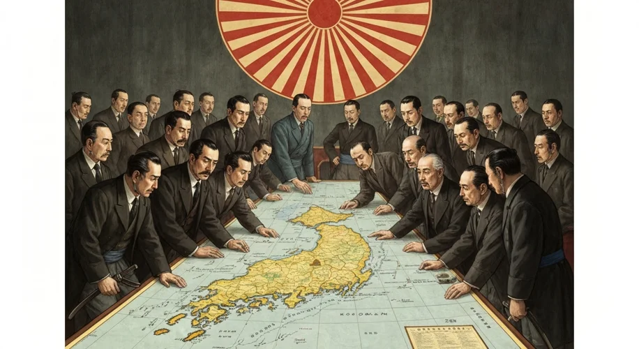 A dramatic illustration depicting Meiji-era Japanese samurai and politicians in formal attire, looki