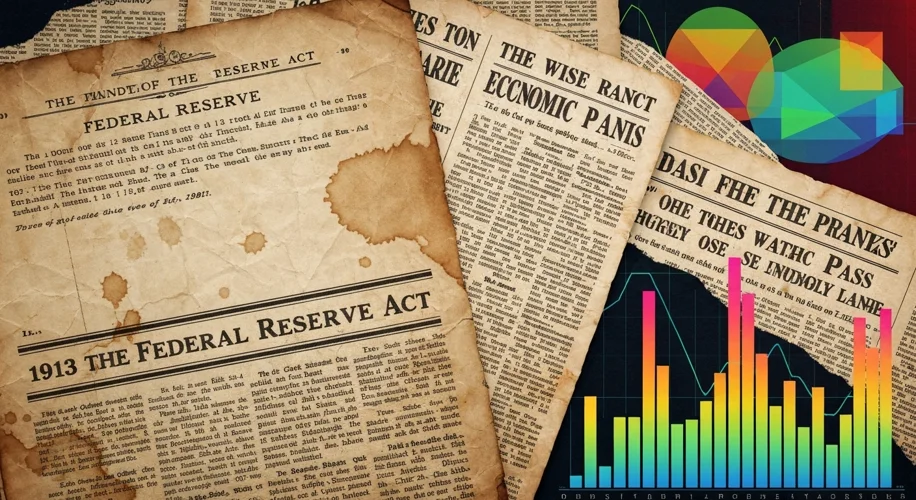 A collage of historical documents: snippets of the Federal Reserve Act of 1913, newspaper headlines 