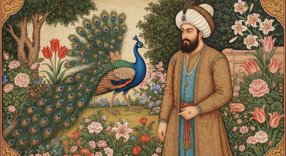 A detailed Persian miniature painting showing a noble figure admiring a peacock in a lush garden set