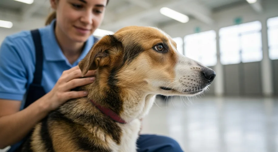 A poignant image of a rescued dog being comforted by an animal welfare worker in a clean, bright she